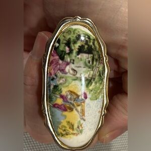 Vintage Oval Porcelain Lipstick holder with mirror with Scenic Design